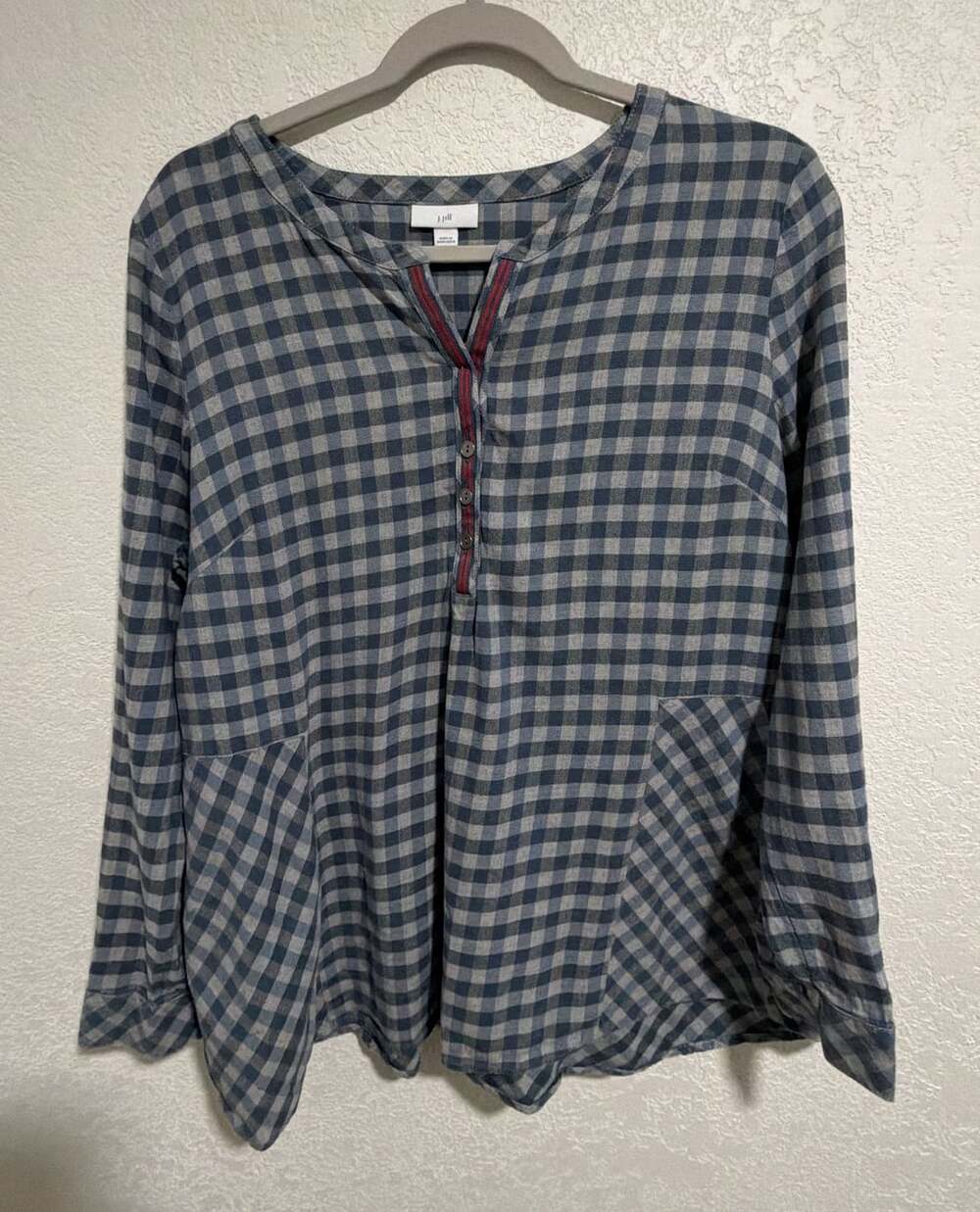 J.Jill Plaid Popover Tunic Size L Blue Gray Check Long Sleeve Swing Top